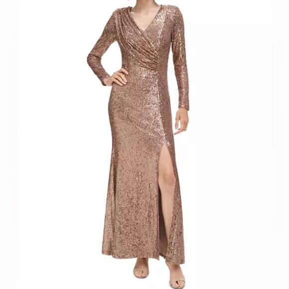 ELIZA J Women's Sequined V-Neck Draped-Bodice Gown Taupe Sz 6 - Picture 1 of 9